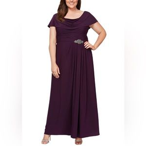 Alex Evenings Cowl Neck Beaded Waist Eggplant Purple Formal Gown Size 18 NWT